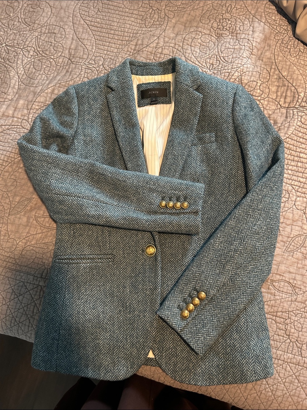 J. Crew Teal Herringbone Wool-Blend Blazer with Gold Buttons